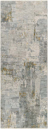 Close-up of the Elina Textured Abstract Rug. Colors include dusty sage, ink blue, light gray, and mustard. Design-Runner-2773