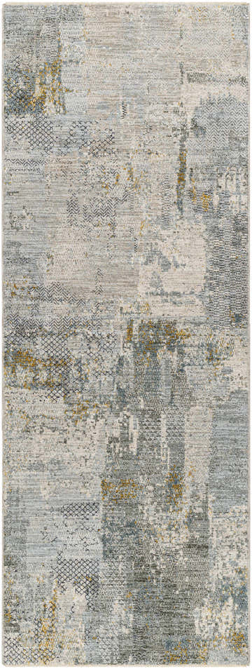 Close-up of the Elina Textured Abstract Rug. Colors include dusty sage, ink blue, light gray, and mustard. Design-Runner-2773
