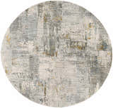 Close-up of round Elina Textured Abstract Rug. Features dusty sage, ink blue, gray, mustard, and off-white hues. Design-Round-53