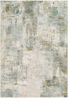 Close-up of the Elina Textured Abstract Rug. Features dusty sage, ink blue, light gray, and mustard hues in a contemporary design. Design-Rectangle-575