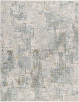 Close-up of the Elina Textured Abstract Rug. Features dusty sage, ink blue, light gray, and mustard colors. Design-Rectangle-710103