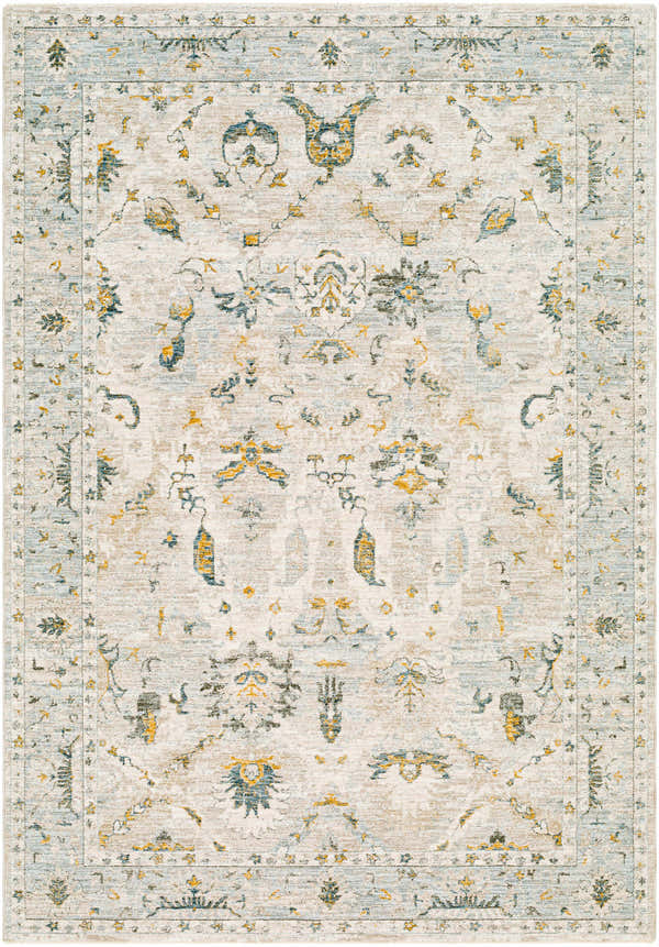 Close-up of the Emile Textured Rug. Traditional floral pattern in dusty sage, light gray, mustard, and off-white hues. Design-Rectangle-575