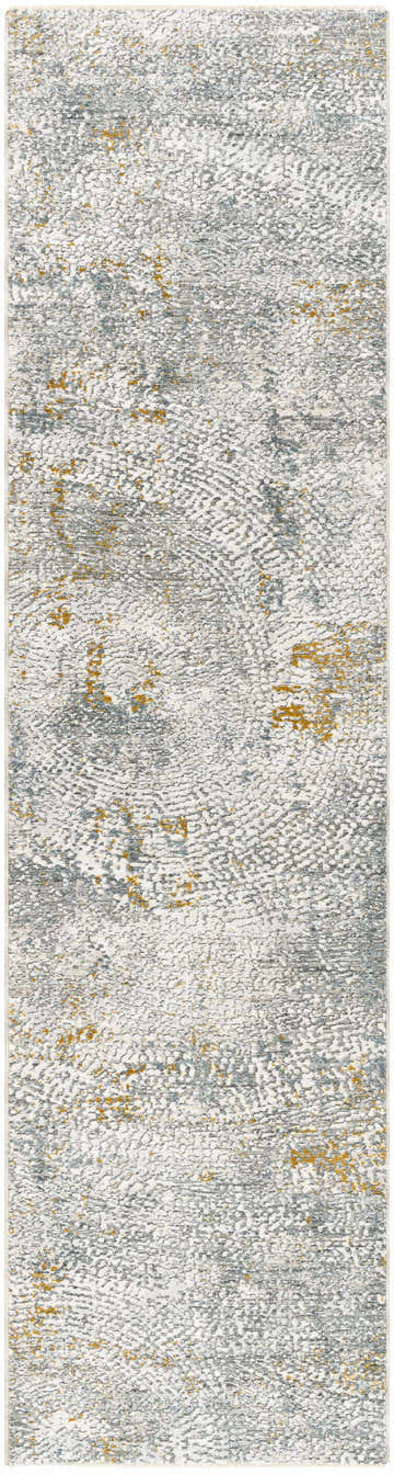 Close-up of the Fleur Textured Rug with Fringes. Features a contemporary gray, white, and nutmeg abstract pattern. Design-Runner-2710