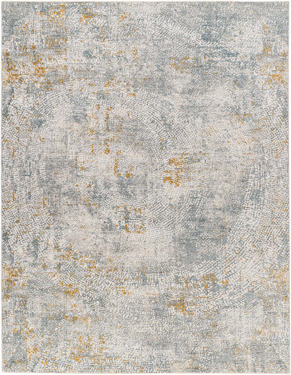 Close-up of the Fleur Textured Rug. Contemporary design with gray, blue, and gold accents. 100% Polyester. Design-Rectangle-710103