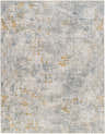Close-up of the Fleur Textured Rug. Contemporary design with gray, blue, and gold accents. 100% Polyester. Design-Rectangle-710103