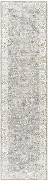 Close-up of the Gauge Gray Blue Textured Rug. Features a traditional, distressed pattern with gray, blue, and brown tones. Design-Runner-2710