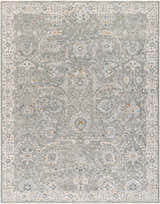 Close-up of the Gauge Gray Blue Textured Rug. Farmhouse style rug with gray, blue, and brown floral pattern. Design-Rectangle-710103