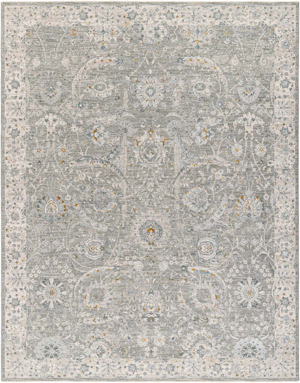 Close-up of the Gauge Gray Blue Textured Rug. Farmhouse style rug with gray, blue, and brown floral pattern. Design-Rectangle-710103