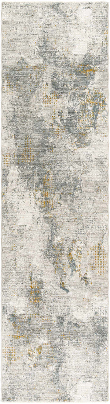 Close-up of the Haydn Rock Pattern Rug. Features a contemporary gray, light gray, and nutmeg abstract design. Design-Runner-2710