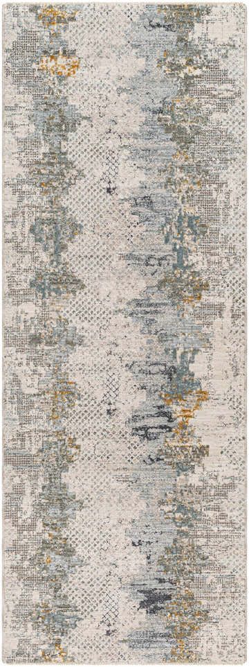 Close-up of the Lalo Textured Rug. Features off-white, teal, gray, and mustard colors in a contemporary pattern. Design-Runner-2773