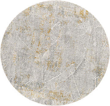 Close-up of the round Mila Textured Rug. Features a leaf-like pattern in cloud gray, light gray, and gold tones. Design-Round-710