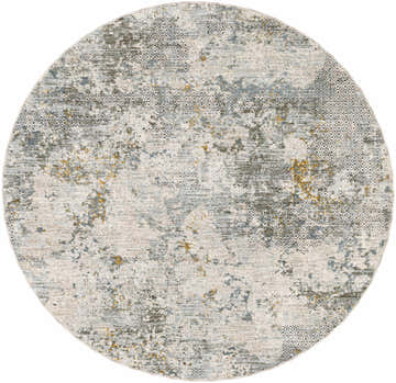 Close-up of round Pizi Textured Rug. Contemporary style with dusty sage, ink blue, and light gray colors. Design-Round-53