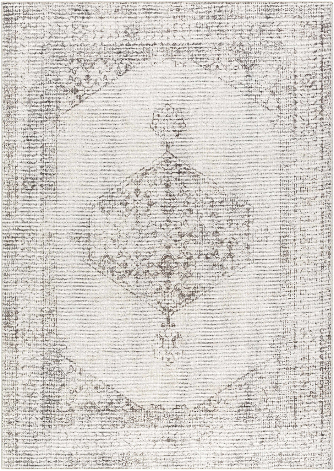 Close-up of Mortye Cream & Brown Medallion Area Rug. Traditional vintage style with cream background and brown medallion pattern. Design-Rectangle-679