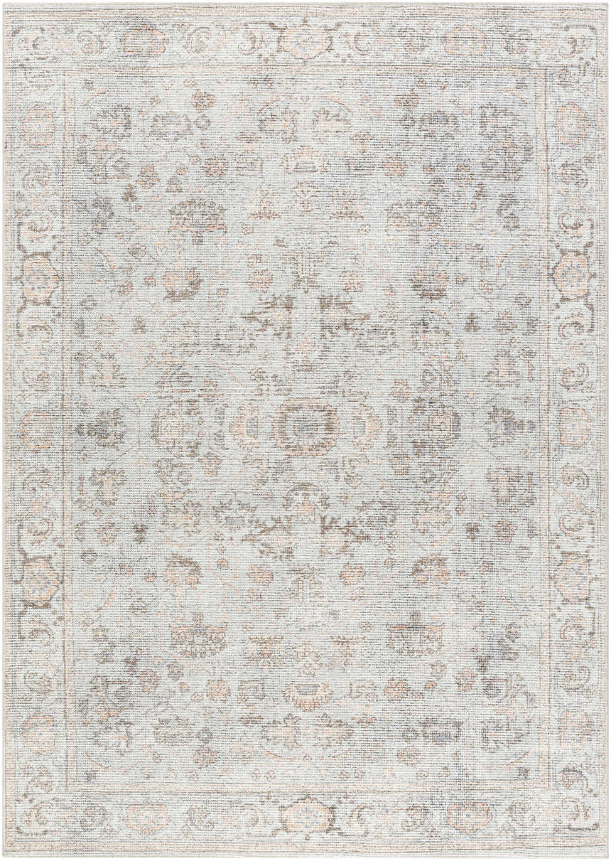 Detailed texture of the Niran Area Rug. Traditional vintage style with gray, peach, and brown floral patterns. Design-Rectangle-679