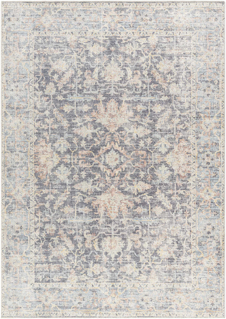 Close-up of the Nyota Area Rug, a traditional vintage style rug with gray, peach, and blue tones. Design-Rectangle-679