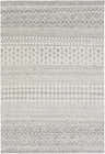Close-up of the Seafield Indoor Outdoor Rug. Gray, off-white, and slate blue bohemian pattern. Hand woven texture. Design-Rectangle-576