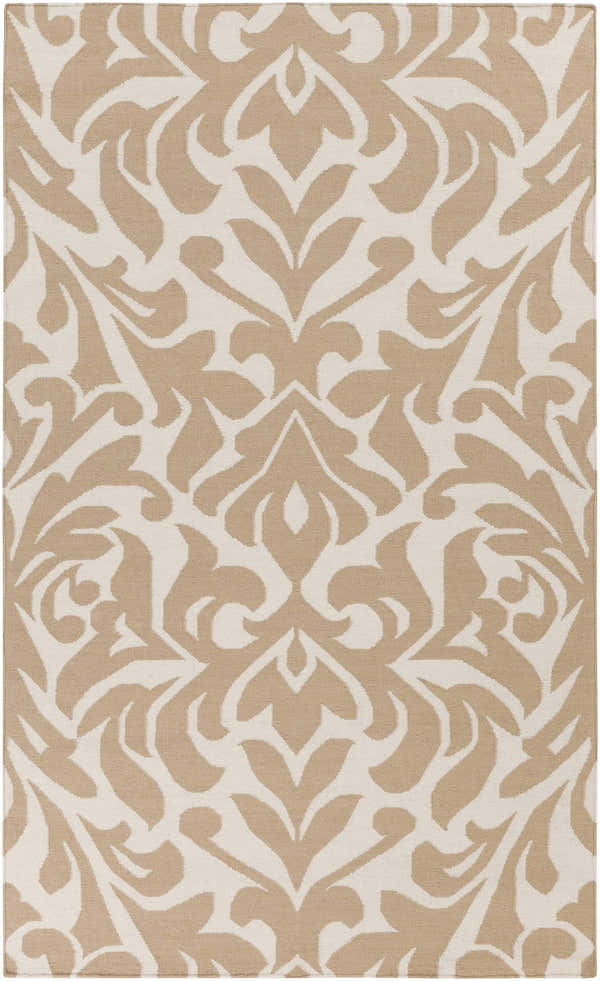 Close-up of the Searles Area Rug, a hand-woven wool runner with a contemporary ivory and tan floral damask pattern. Design-Rectangle-58