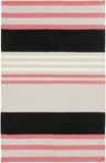 Close-up of the Sedgwick Area Rug. Hand woven wool rug with black, light gray, light slate, and pink stripes. Design-Rectangle-58