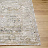 Close-up of the Gioia Area Rug showing its beige, bone, and blue traditional pattern and machine-woven texture. Front
