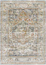 Detailed view of Kazou Blue Medallion Area Rug with light gray, natural gray, blue, and orange traditional pattern. Design-Rectangle-537