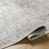 Close-up of the Kazou Gray Medallion Area Rug showing its light gray, natural gray tones and traditional medallion pattern. Fold