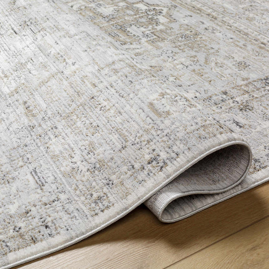 Close-up of the Kazou Gray Medallion Area Rug showing its light gray, natural gray tones and traditional medallion pattern. Fold