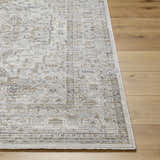 Close-up of the Kazou Gray Medallion Area Rug showing its farmhouse style, light gray, natural gray colors, and machine-woven texture. Front