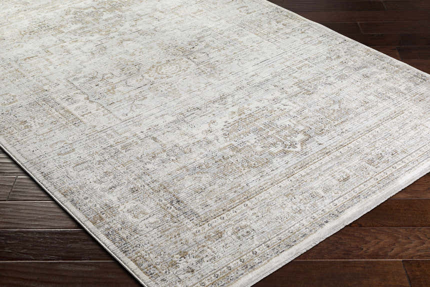 Close-up of the Kazou Gray Medallion Area Rug showing its light gray, natural gray colors and traditional medallion pattern. Corner