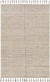 Close-up of the hand woven Anaya Beige Area Rug. Features a subtle geometric pattern and decorative tassels. Design-Rectangle-5377