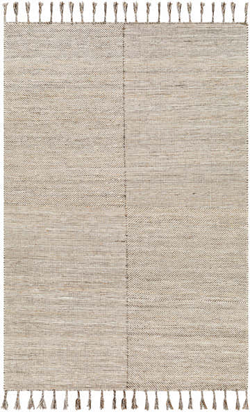Close-up of the hand woven Anaya Beige Area Rug. Features a subtle geometric pattern and decorative tassels. Design-Rectangle-5377