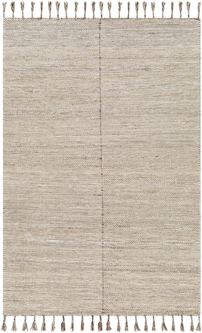 Close-up of the hand woven Anaya Beige Area Rug. Features a subtle geometric pattern and decorative tassels. Design-Rectangle-5377