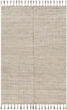 Close-up of the hand woven Anaya Beige Area Rug. Features a subtle geometric pattern and decorative tassels. Design-Rectangle-5377