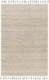 Close-up of Anaya Beige area rug. Hand woven, farmhouse style rug with tassels. Neutral colors and textured design. Design-Rectangle-579