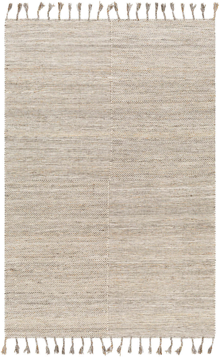Close-up of Anaya Beige area rug. Hand woven, farmhouse style rug with tassels. Neutral colors and textured design. Design-Rectangle-579