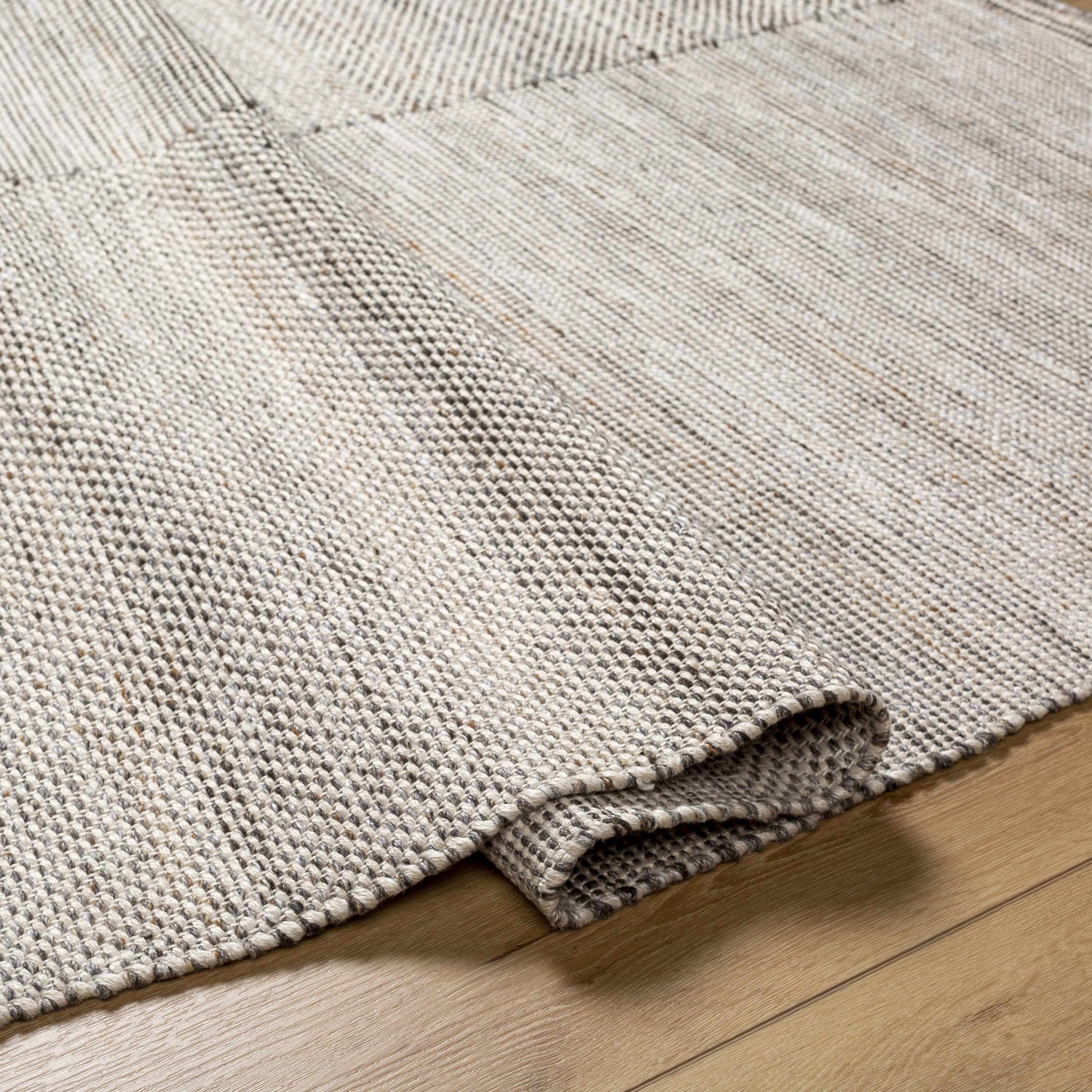 Close-up of the hand woven Anaya Beige Area Rug showing texture and neutral beige, black, and bone colors. Fold