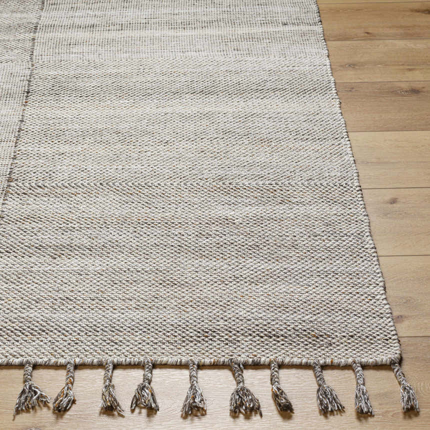 Close up of the Anaya Beige Area Rug showing woven texture and tassels on light wood floor. Front