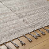 Close up of the hand woven Anaya Beige Area Rug showing texture and tassels. Texture