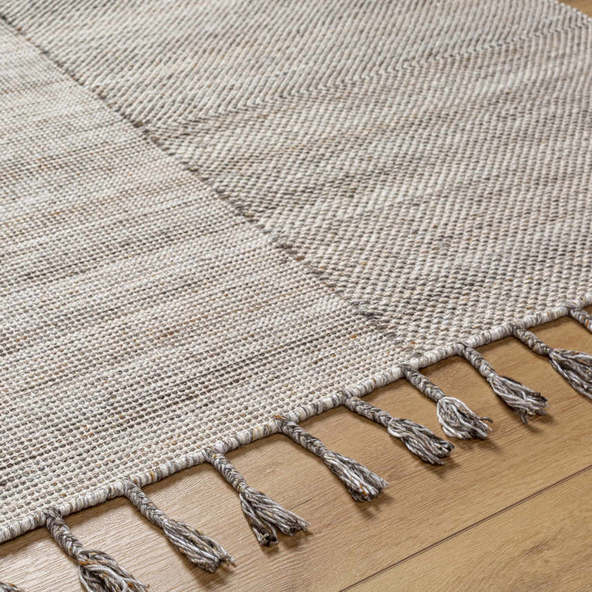 Close up of the hand woven Anaya Beige Area Rug showing texture and tassels. Texture