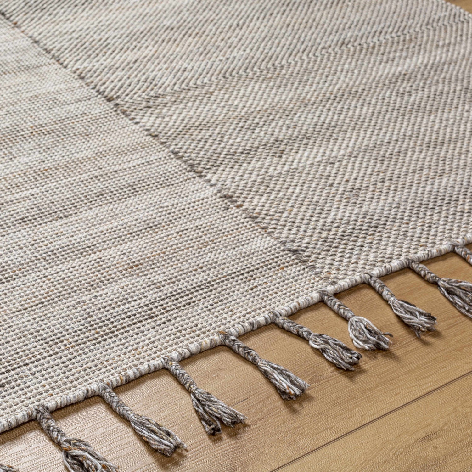 Close up of the hand woven Anaya Beige Area Rug showing texture and tassels. Texture