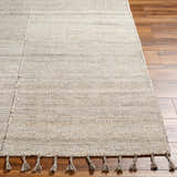 Close up of the Anaya Beige Area Rug showing its hand woven texture and tassels. Front