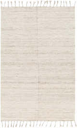 Close-up of the hand-woven Anaya Cream Area Rug. Features beige, bone, and clay tones with a subtle farmhouse texture and fringe. Design-Rectangle-576