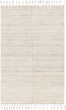 Close-up of the hand-woven Anaya Cream Area Rug. Features beige, bone, and clay tones with a subtle farmhouse texture and fringe. Design-Rectangle-576