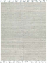 Close-up of the hand-woven Anaya Cream & Blue Area Rug, featuring a subtle horizontal stripe pattern and blue tassels. Design-Rectangle-810