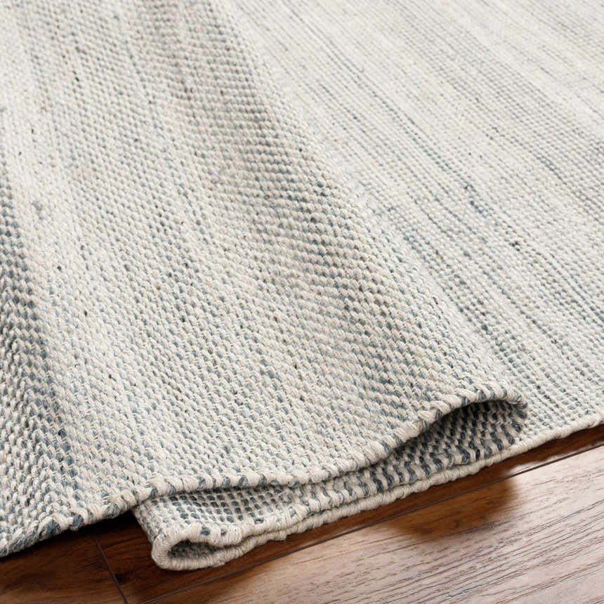 Close-up of the Anaya Cream & Blue Area Rug showing its woven texture and neutral beige and blue tones. Fold