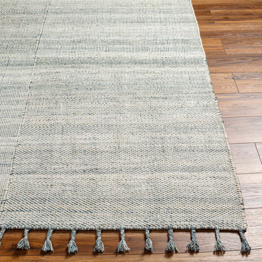 Close-up of the hand-woven Anaya Cream & Blue Area Rug showing its texture, denim blue accents, and tassel fringe. Front