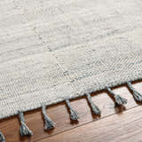 Close-up of the hand woven Anaya Cream & Blue Area Rug showing texture and braided tassels on a wood floor. Texture