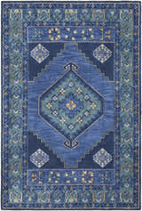 Close-up of the Selden Area Rug featuring a blue, teal, and gold geometric design. Boutique Rugs clearance item. Design-Rectangle-576