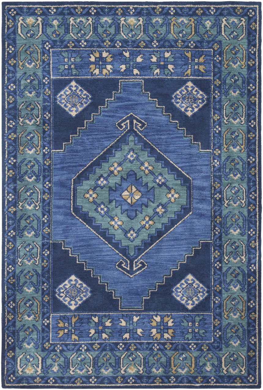 Close-up of the Selden Area Rug featuring a blue, teal, and gold geometric design. Boutique Rugs clearance item. Design-Rectangle-576