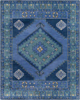 Close-up of the Selden Area Rug in shades of blue and teal with a geometric diamond pattern and floral border. Design-Rectangle-7696