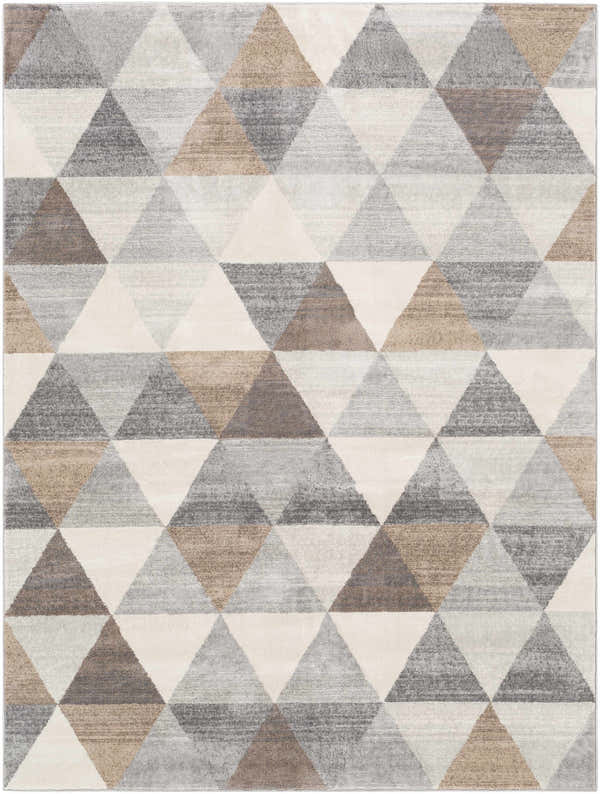 Close-up of the Sells Gray&Brown Triangles Area Carpet featuring a geometric triangle pattern in charcoal, gray, tan, and white. Design-Rectangle-5371
